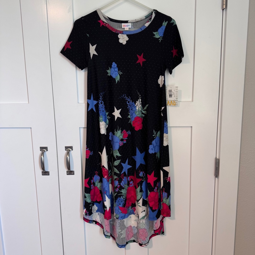 NWT LuLaRoe Carly Swing Dress Hi Low Hem Women's Size XXS Black w/ Star Floral